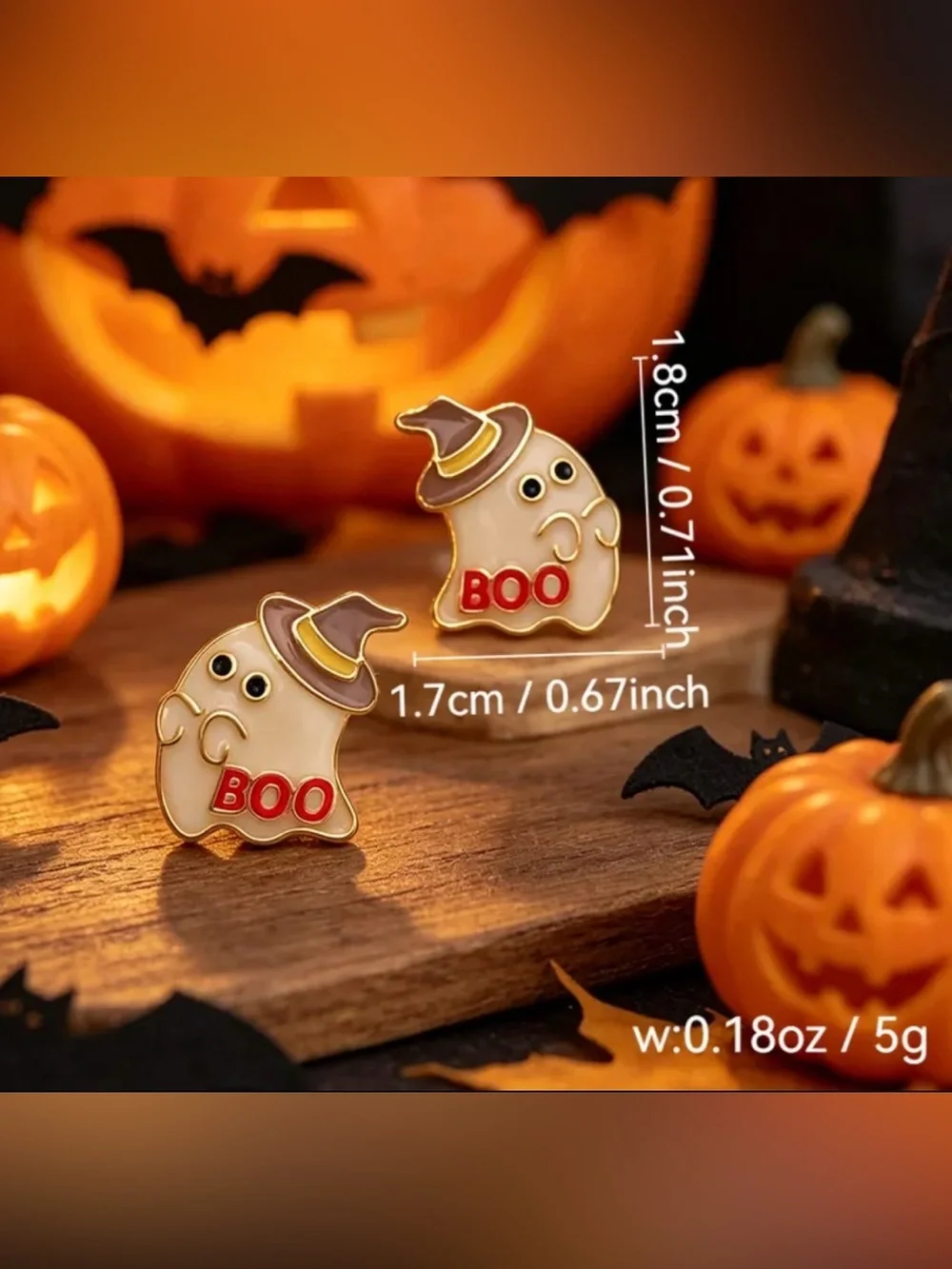 Halloween Ghost 'BOO' Enamel Earrings- Cream & Brown